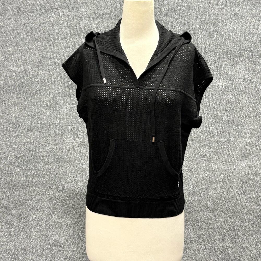 Lauren Ralph Lauren Sweater Womens XXS Black Hooded V Neck Short Sleeve Knit